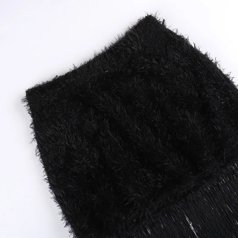 HLJ&GG Black Sexy Y2K Punk Tassels Two Piece Sets Women Chain Lace Up Slim Tube And Fur Mini Skirts Outfits Fashion Streetwear