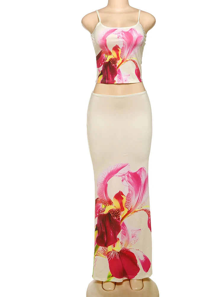 Weird Puss Flower Print 2 Piece Set Women Low-Neck Backless Crop Tops+Stretch Long Skirts Vacation Trend Beach Style Outfits