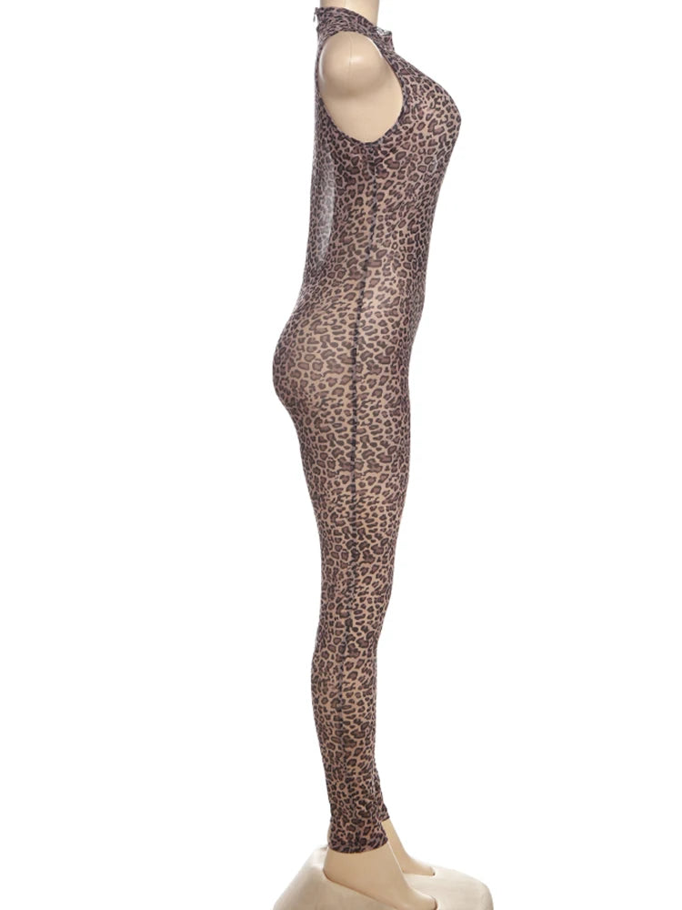 Weird Puss Hollow Jumpsuit Women See Through Sexy Leopard Print Sleeveless Hipster Fit Street Midnight Party Workout Overalls