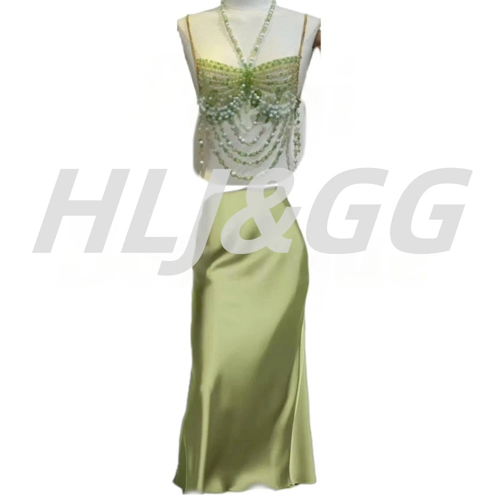 HLJ&GG Sexy Rhinestone Beads Halter Hollow Two Piece Sets Women Sleeveless Backless Top + Satin Skinny Skirts Outfits Streetwear