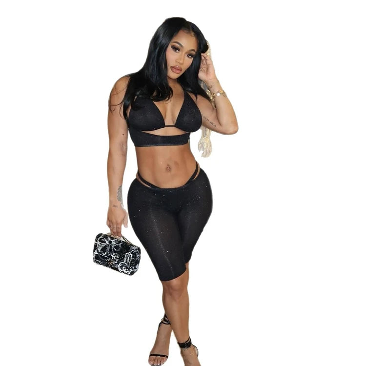 STYLISH LADY Black Sparkly 2 Piece Set Women Spaghetti Strap Crop Top and Shorts Suits 2025 Summer Hollow Out Club Party Outfits