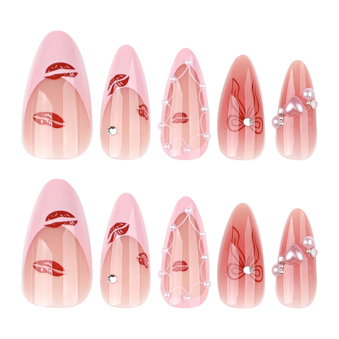 24pcs Sweet Pink Press on Nails with Bow Lipstick Print French Fake Nail Tips Wearable Detachable Ins Simple Korean False Nails
