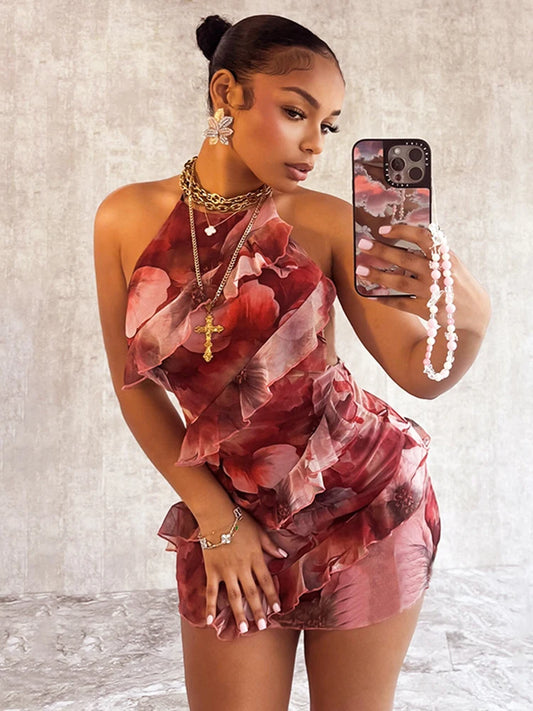 Weird Puss Multilayer Ruffles Dress Women Y2K Backless Halter Tie-Dye Flowers Sleeveless Sexy Stretch Elegant Clubwear Bodycon