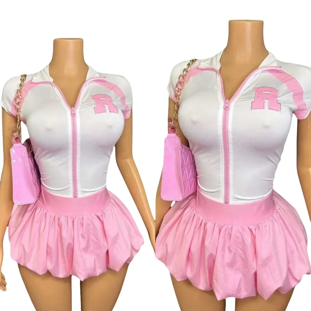 HLJ&GG Fashion Letter Embroidery Two Piece Sets For Women Zipper Short Sleeve Slim Top And Puffy Mini Skirts Outfits Streetwear