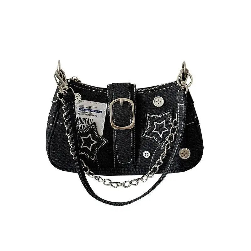 Fashion Vintage Y2k Ladies Shoulder Bags Sweet Cool Star Chain Women's Underarm Bag Black Goth Denim Female Tote Handbag Purse