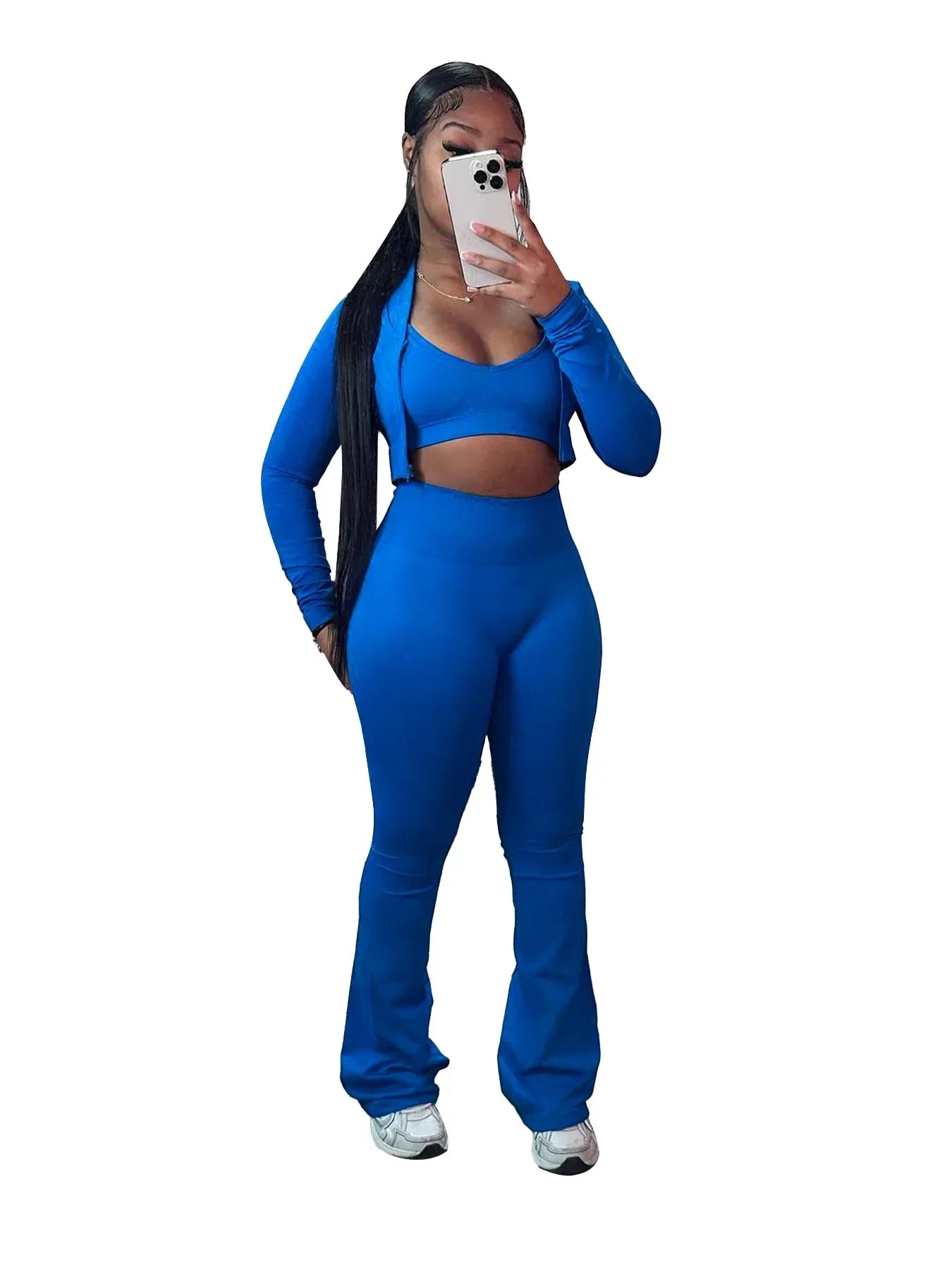 HLJ&GG Casual Solid Bodycon 3 Piece Sets Outfit Women Slim Crop Tops + High Waist Flare Pants Long Sleeves Coats Tracksuits 2024