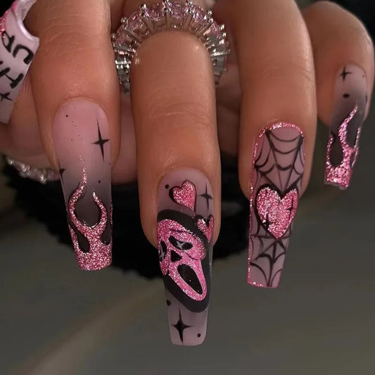 24pcs Glitter Pink Sequins Fake Nails 2025 Halloween Scary Skull Love Print False Nails Wearable European Ballet Press on Nails