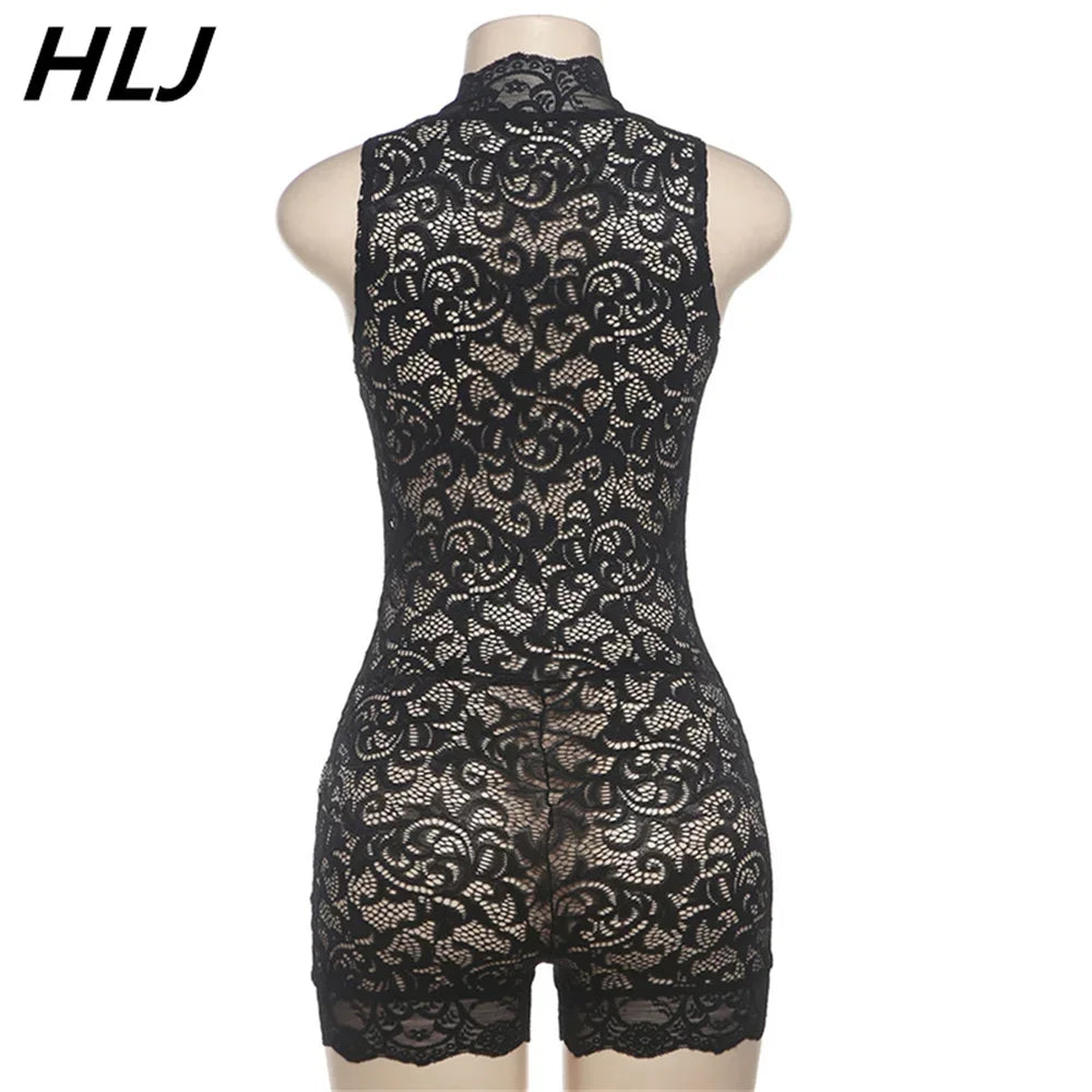 HLJ&GG Sexy Lace Perspective Hollow Out Bodycon One Pieces Rompers Womens V Neck Sleeveless Slim Jumpsuits Female Playsuits 2024