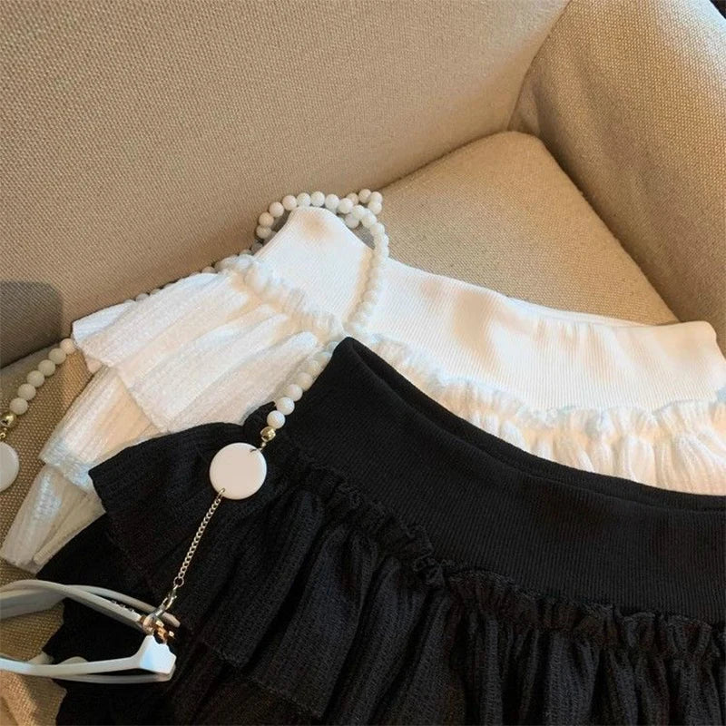Sweet Puffy Cake Women Skirts Korean Fashion Ruched Ruffle Mini Skirt Campus Harajuku Casual Versatile Elastic Waist Solid Skirt