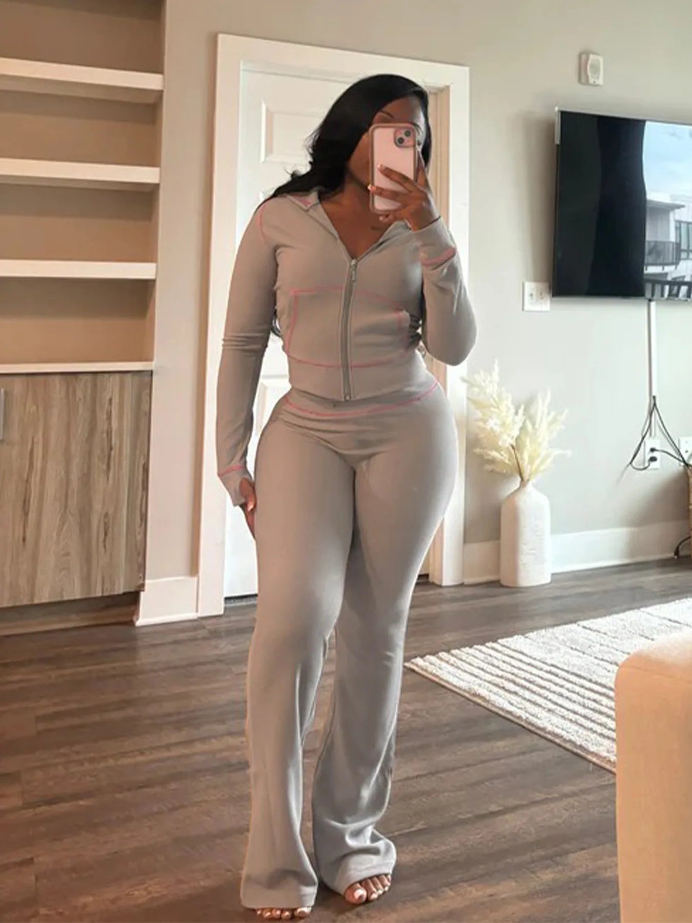HLJ&GG Spring New Waffle Flare Pants Two Piece Sets Women Zip Hooded Long Sleeve Top + Pants Outfits Casual Sporty 2pcs Clothing