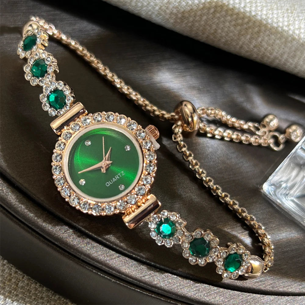 Foreign trade chalcedony bracelet watch set with diamond light luxury live new fashion quartz watch pull diamond women's watch