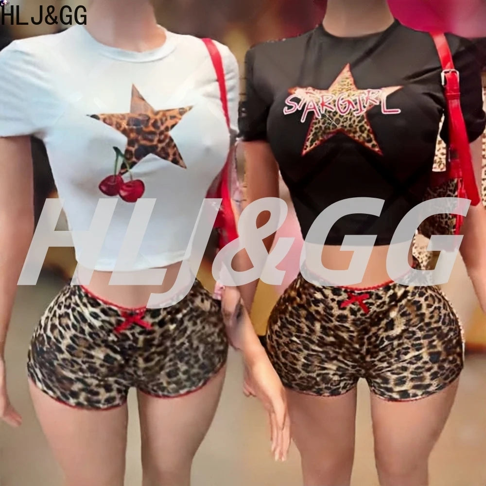 HLJ&GG Y2K Summer New Leopard Print Two Piece Ssets Women O Neck Short Sleeve Tshirts And Bow Shorts Outfits Fashion Streetwear