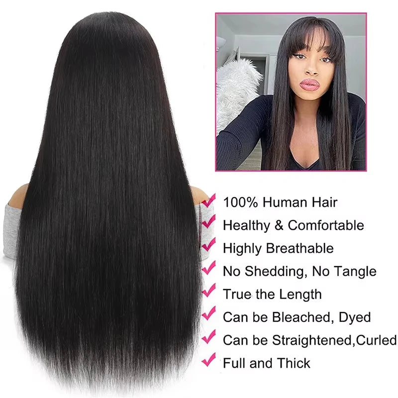 Straight Human Hair Wig With Bangs Fringe 3x1 HD Lace Frontal Wigs Bone Straight Glueless Front Wigs Human Hair Ready To Wear