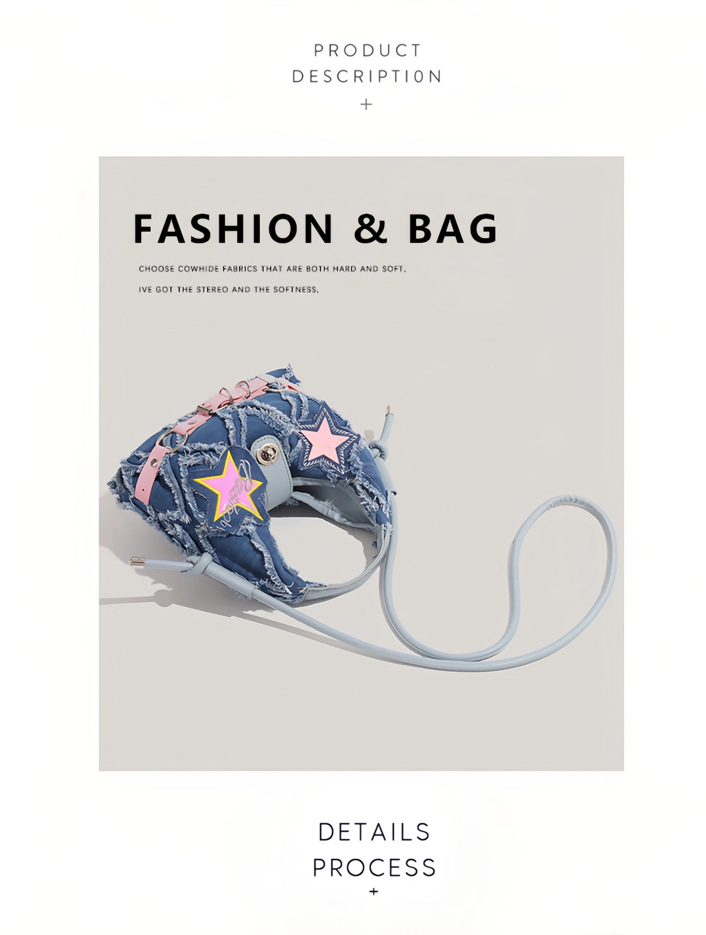 y2k Hot Girl style pink five-pointed star applied-designed fringed jeans crossbody bag A-DH