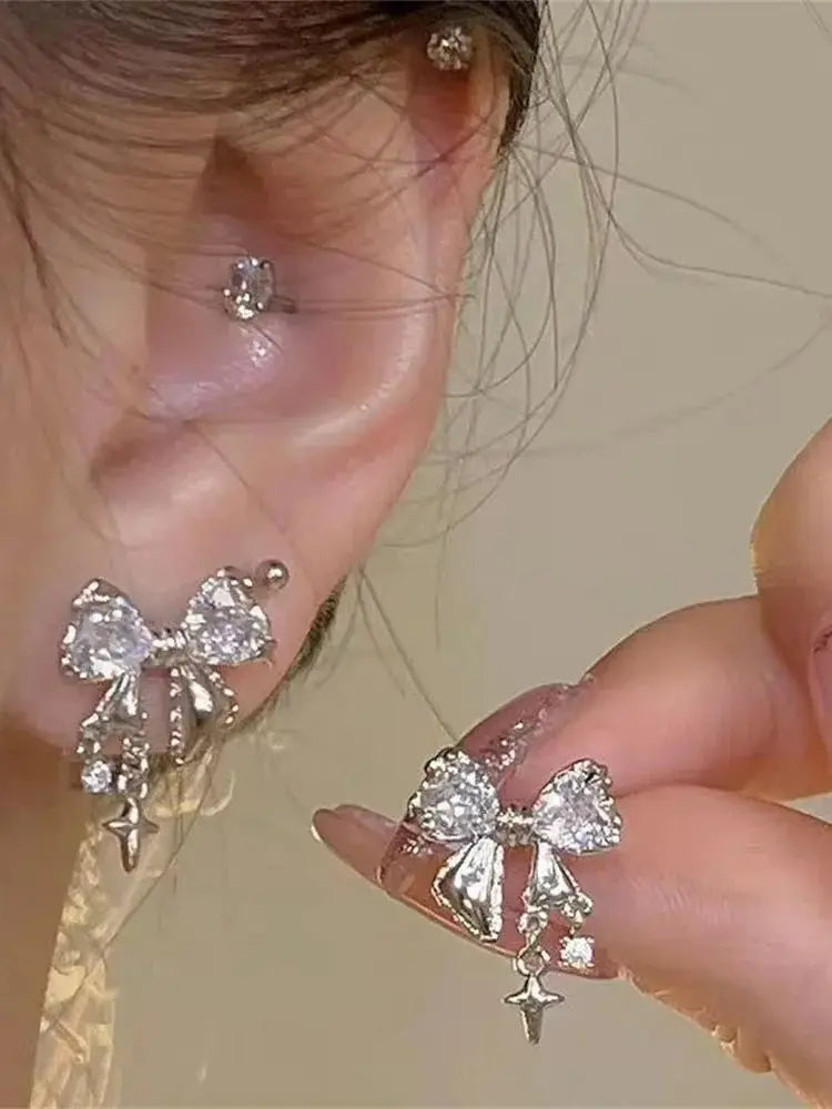 Y2K Bowknot Zircon Stud Earrings for Women Fashion Korean Silver Color Pink Crystal Personality Earring Girl Party Jewelry Gifts