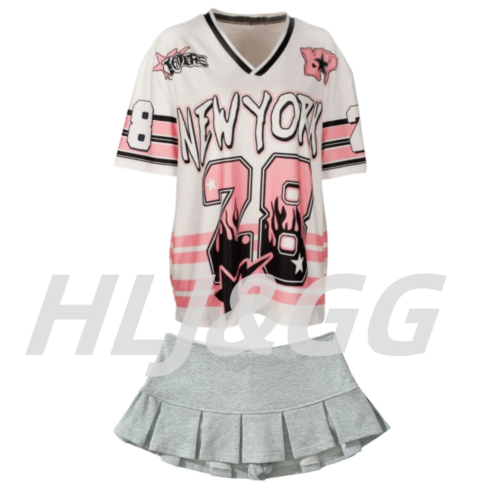 HLJ&GG Pink Fashion Letter Loose Tshirts Two Piece Sets Women V Neck Short Sleeve Top+Pleated Mini Skirts Outfits Y2K Streetwear