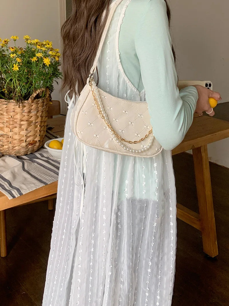 Pink Shoulder Bag Elegant Cute Bow Pearl Chains Bow Embroidery Handbag Casual Leather Korean Fashion Female Handbag