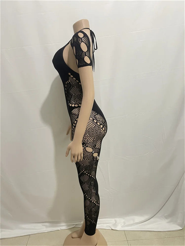 Weird Puss Rhinestone Embellished Women Jumpsuit Backless Halter Hollow Sheer Sexy Slim One Pieces Bodycon Hottie Party Clubwear