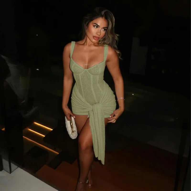 Weird Puss Summer Elegant Dress Women Y2K Chic Low-Neck Jacquard Wrapped Ribbon Bandage Birthday Party Clubwear Midnight Bodycon