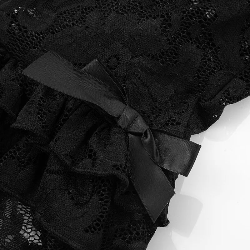 HLJ&GG Y2K Fashion Lace Bandage Hollow Out Two Piece Sets Women Off Shoulder Short Sleeve Slim Crop Top And Ruffle Shorts Outfit