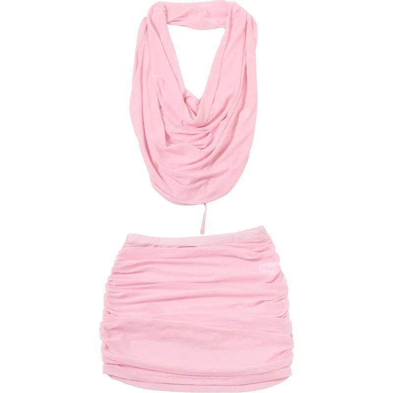HLJ&GG Sexy Ruched Halter Deep V Mini Skirts Two Piece Sets Women Sleeveless Backless Lace Up Crop Top+Skirts Outfits Streetwear