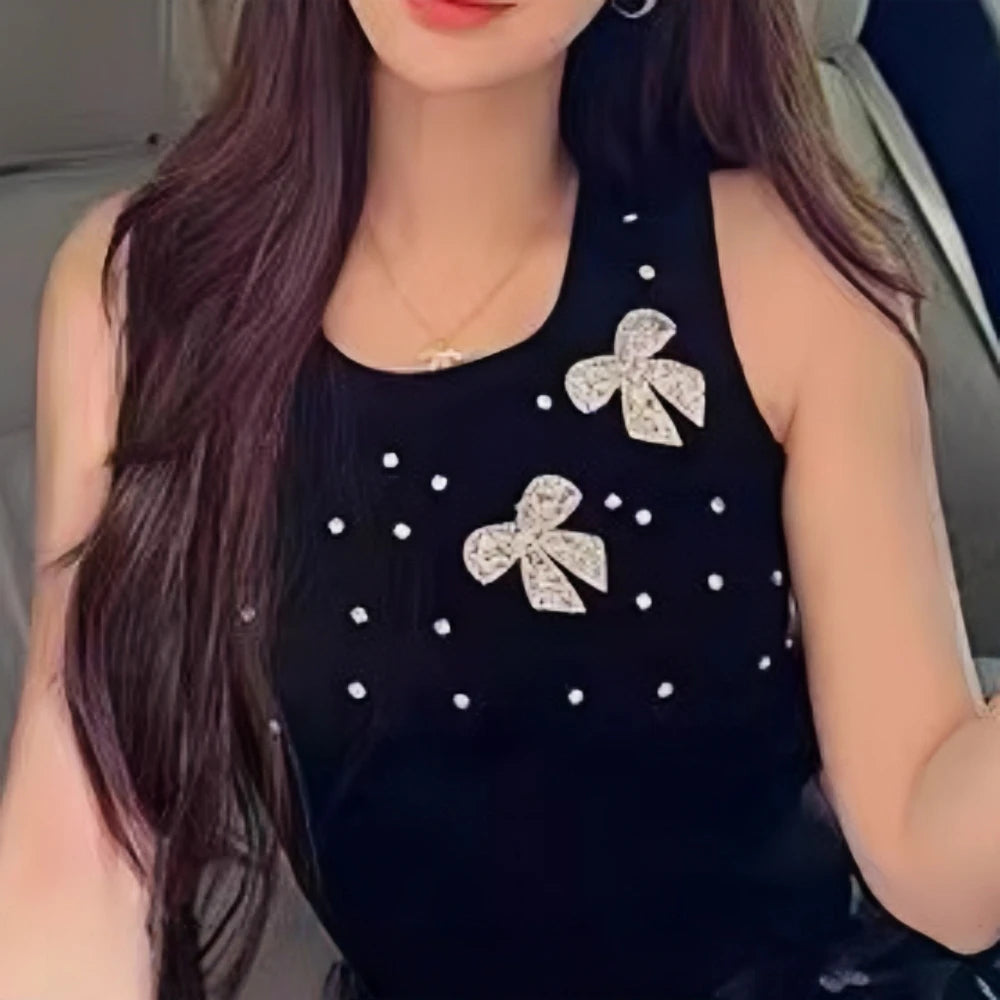 HLJ&GG Fashion Rhinestone Knit Tank Top Two Piece Sets Women Round Neck Sleeveless Crop Vest And Lace Ruffle Mini Skirts Outfits