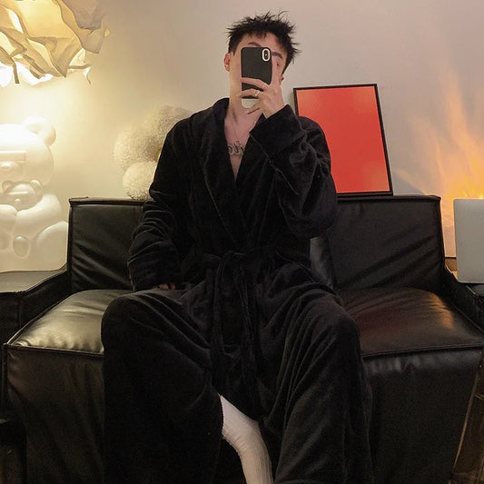 Large Size 150kg Men's Bathrobe Pajamas Winter Thickened Collar Fleece Long Hotel Nightgown Shawl Sleepwear Long Spa Robe