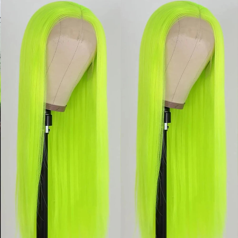 Brazilian 200% Density Straight Fluorescent Green 13x4 Lace Frontal Wig Human Hair Wigs For Women Remy Hair Colored Lace Wigs