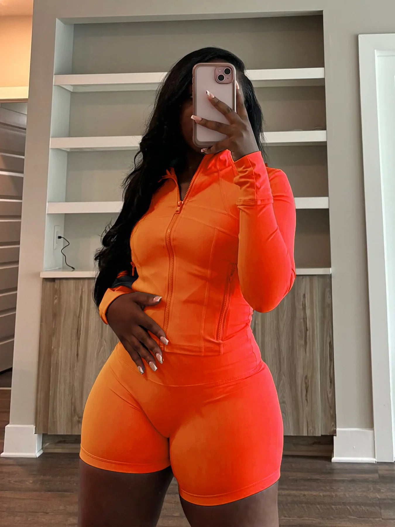 HLJ&GG Casual Sporty Skinny Shorts Two Piece Sets Women Zip Long Sleeve Slim Top + Shorts Outfits Summer New Stretchy Tracksuits