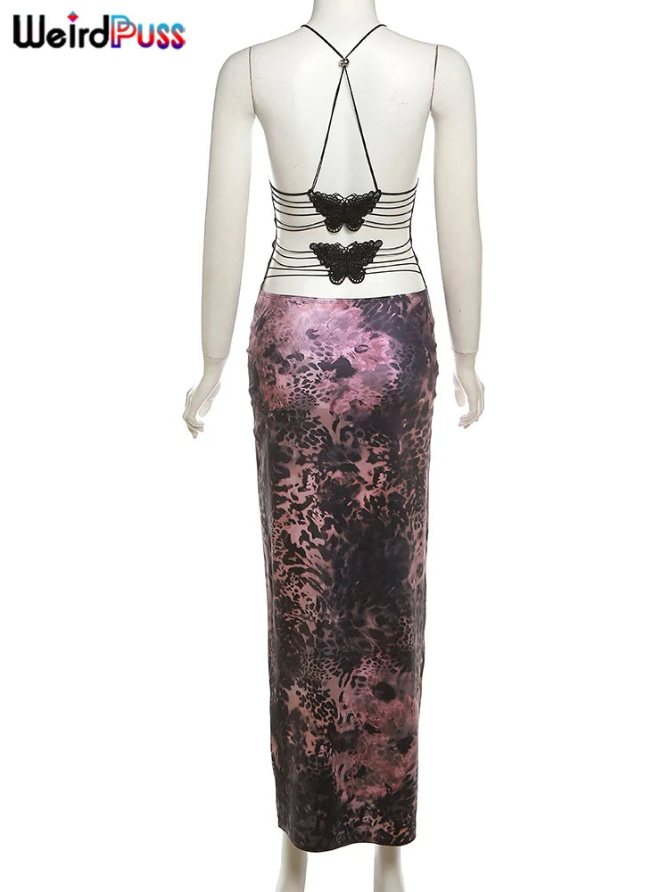 Weird Puss Chic Butterfly Women Maxi Dress Print Backless Spaghetti Straps V Neck Halter Bodycon Hot Girls Club Party Vestidos