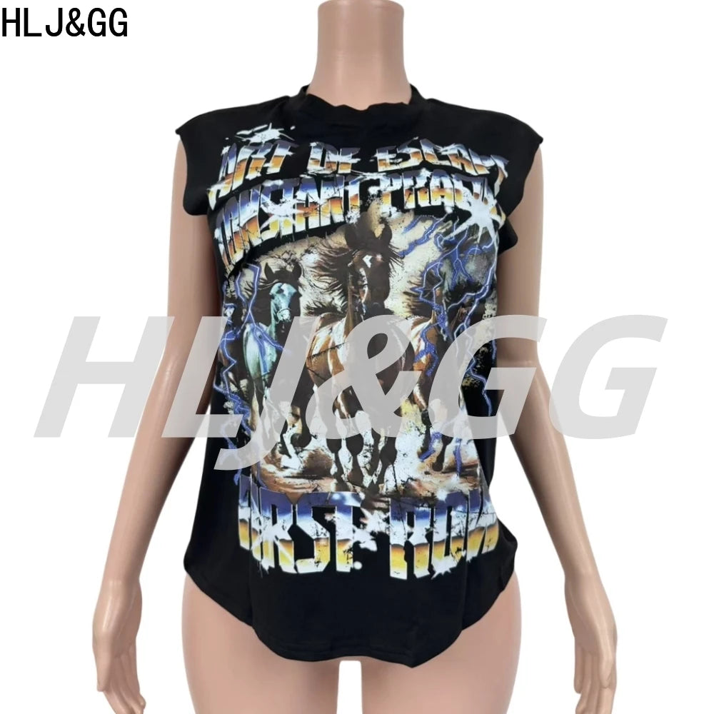 HLJ&GG Fashion Street Letter Print Tshirts Two Piece Sets Women O Neck Sleeveless Top And Shorts Outfits Y2K Female Streetwear