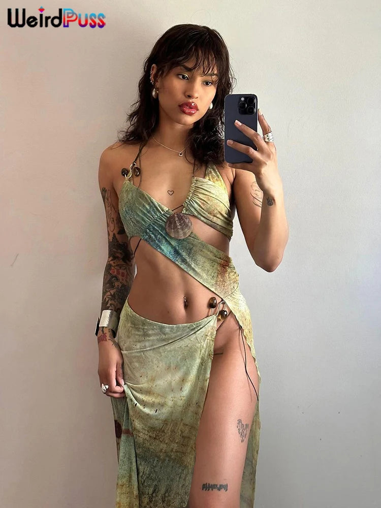 Weird Puss Hollow Halter Dress Women See through Summer Trend Sleeveless Waistless Vintage Print Long Bodycon Clubwear Vestidos