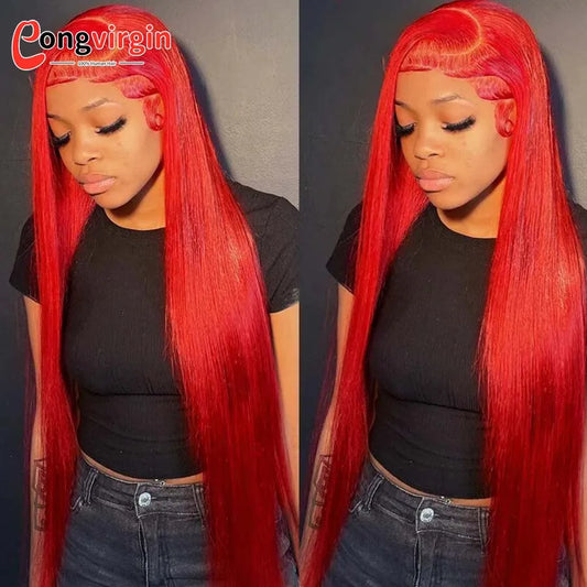 250% Hot Red 360 Full Lace Wig Human Hair Pre Plucked Hd Transparent Lace Front Wig 99J Bone Straight Lace Frontal Wig For Women