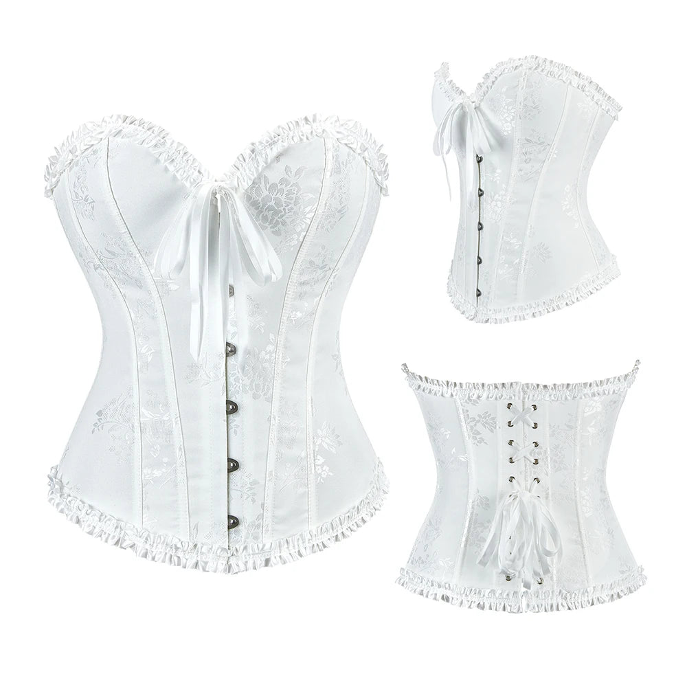 Women Floral Overbust Corset Waist Bustier Top Black White Red Blue Korset Shaper