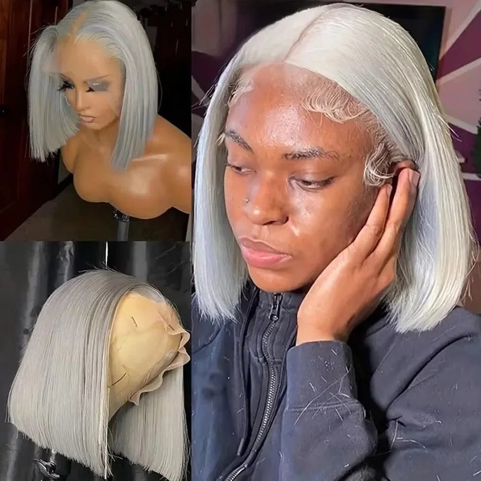 10 12 14 Inch Grey Bob Lace Front Human Hair Wig 13x4 Colored Short Grey Bob Wig Pre Plucked Natural Hairline With Baby Hair