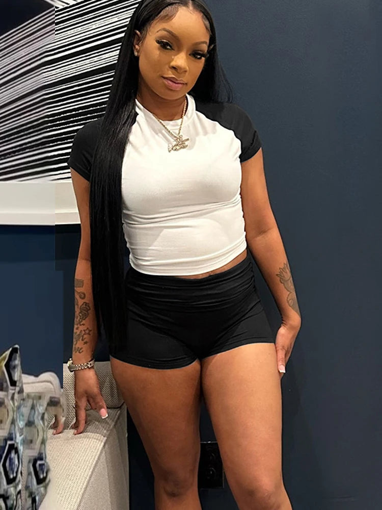 Kricesseen Color Block Crop Top And Matching Shorts Set 2 Piece Outfits Sporty Knitted Active Set Night Club Outfits