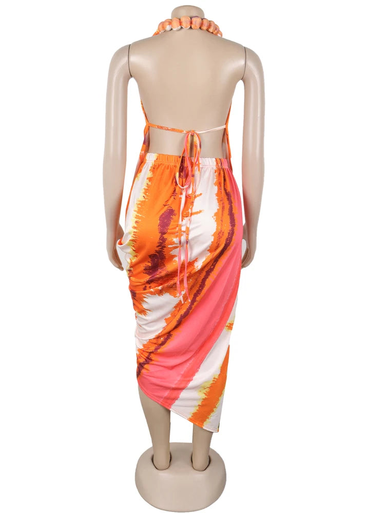 Kricesseen Tropical Women's Halter Neck High Slit Tie Dye Midi Dress Summer Bandage Beach Dress Swimwear Beach Cover-Up Dress