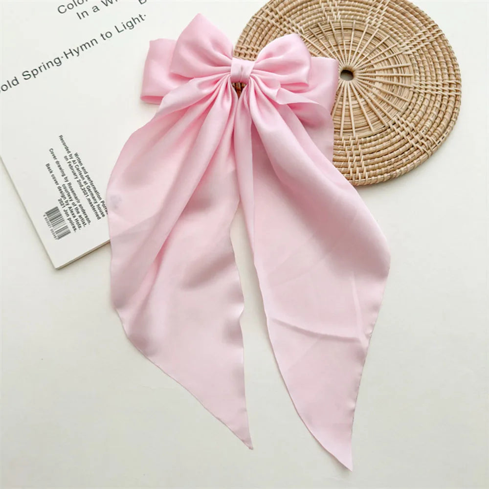 Ladies Satin Large White pink Red Blue Black Ribbon bow Oversized bow Long tail hair clip spring clip ponytail Hair accessorie