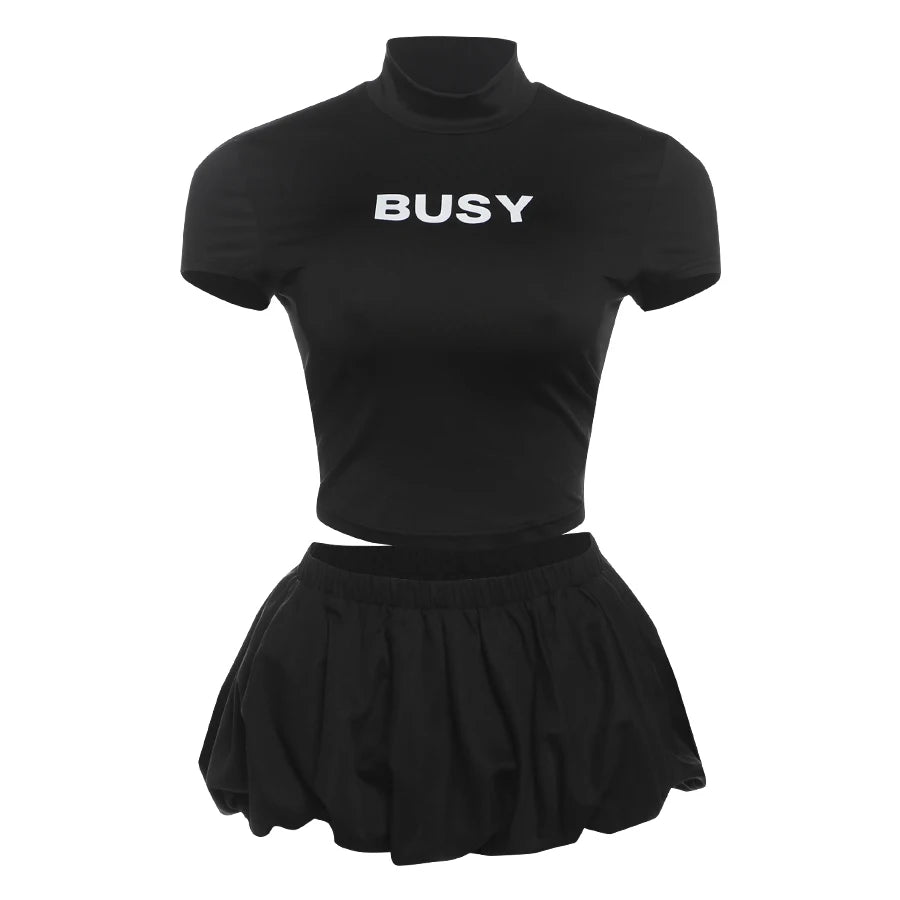 Weird Puss Casual 2 Piece Set Women Letter Print Shorts Sleeve Crop Tops+Puffy Skirt Simple Basic Matching Streetwear Outfits