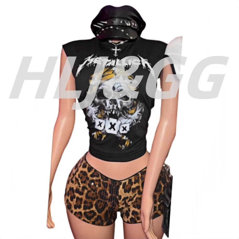 HLJ&GG Y2K Trendy Retro Print Tshirts Two Piece Sets Women Round Neck Sleeveless Top And Sequin Leopard Shorts Outfit Streetwear