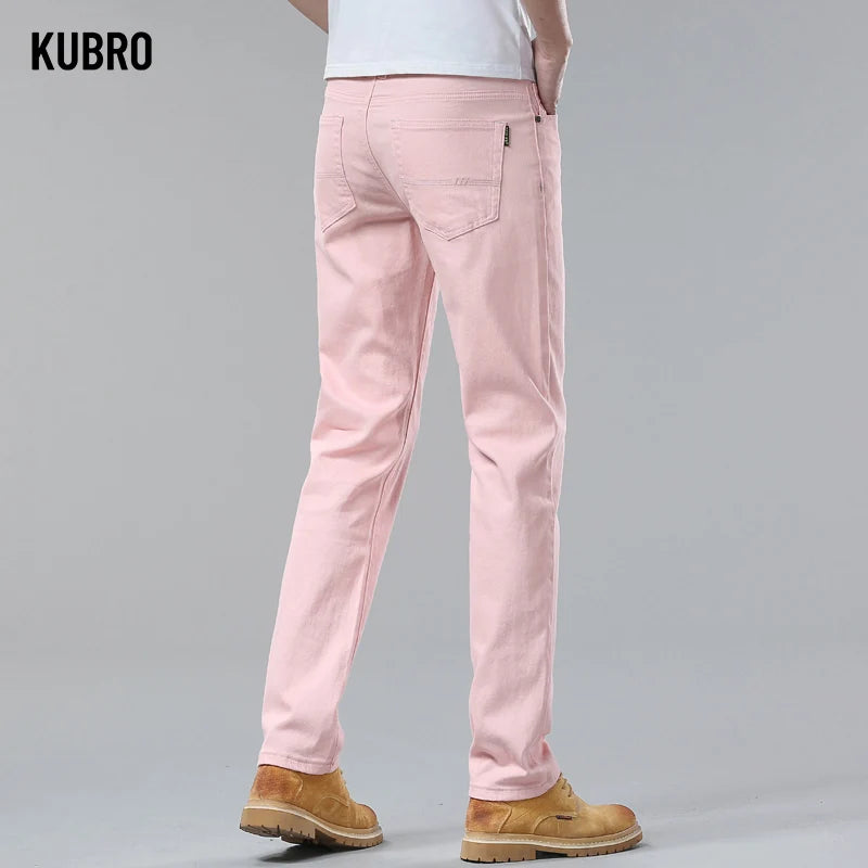 White Yellow Pink fashion 5 Color Men's Cotton Casual Pants Jeans Slim Straight Solid Color Business Trousers Four Seasons Brand