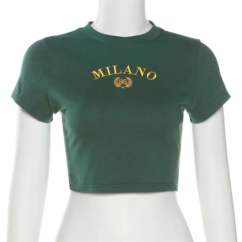 MiLano letter art printed short women's top Y2k clothing retro high street girl T-shirt 2024 traf women's cheap Y2K clothing