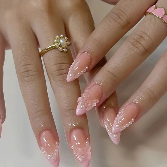 24pcs French Almond False Nails Sweet Pink Pearl Bow Decor Fake Nails Wearable Detachabe Sweet Korean Press on Nails for Girls