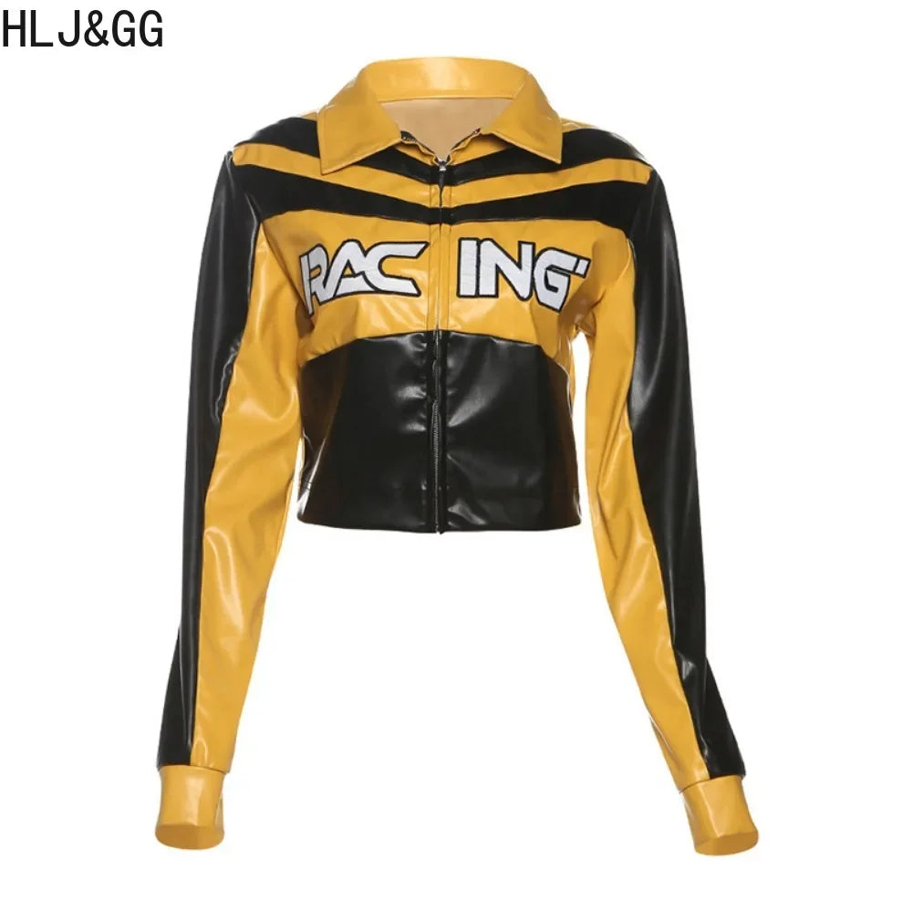HLJ&GG Trendy Women's Outfits Women Leather Punk Letter Embroidery Crop Jacket And Button Shorts Two Piece Sets Y2K Streetwear