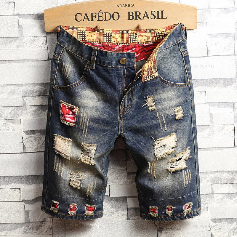 Brand Clothing New Summer Ripped Hole Denim Shorts Men Cotton Thin Straight Retro Biker Knee Length Short, Male Streetwear