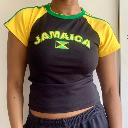 Women Aesthetic Jamaica Letter Print T-shirt Vintage Grunge Short Sleeve Baby Tees 2000s Summer Sexy Crop Tops Gothic Y2k Clothe