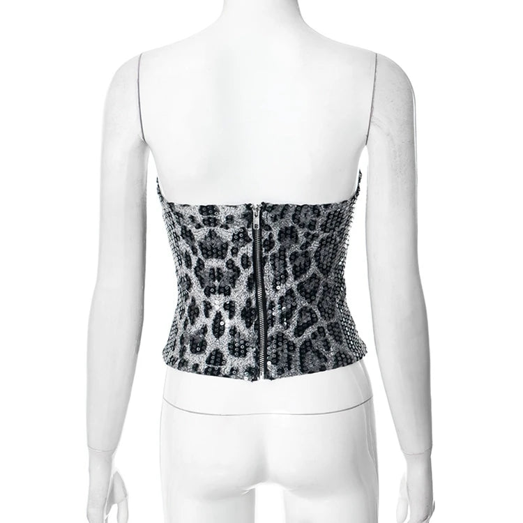 STYLISH LADY Sparkly Sequined Leopard Printed Crop Top 2025 Summer Women Strapless Zipper Slim Sexy Club Party Street Tops Tees