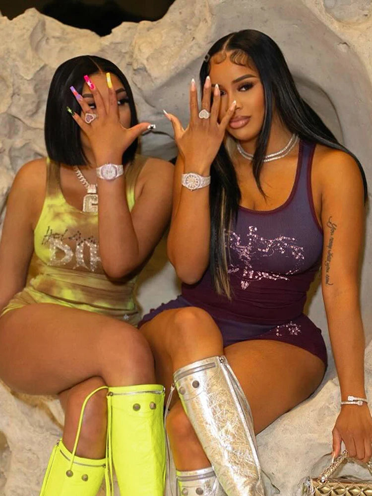 Weird Puss Rhinestones Letter 2 Piece Set Women Tracksuit Casual Ribbed Tank Tops+Bike Shorts Matching Skinny Street Outfits