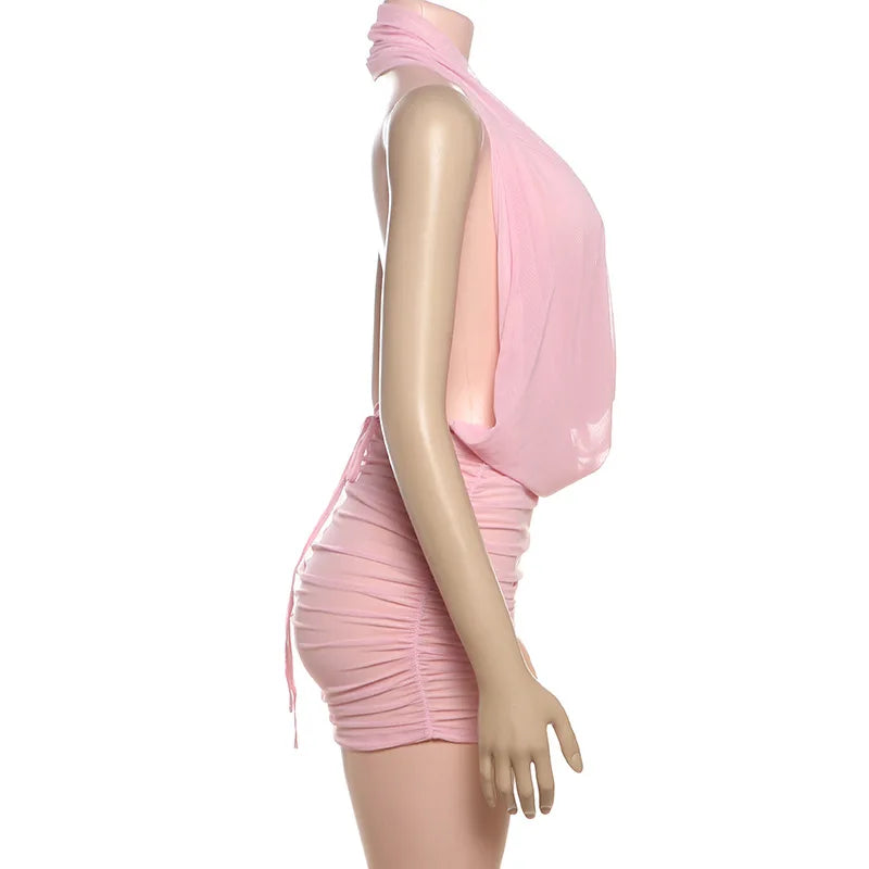 HLJ&GG Sexy Ruched Halter Deep V Mini Skirts Two Piece Sets Women Sleeveless Backless Lace Up Crop Top+Skirts Outfits Streetwear
