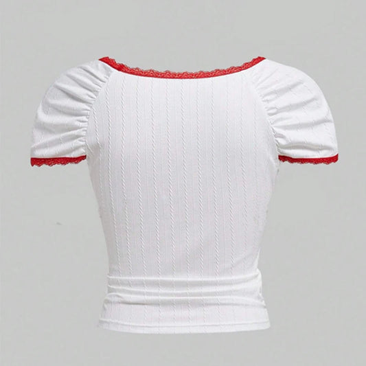 Y2k Sweet Cute Lace Trim Short Sleeve Women's Crop Top Korean Style Aesthetic Slim T-shirt Cherry Printed Corset Basic Baby Tees